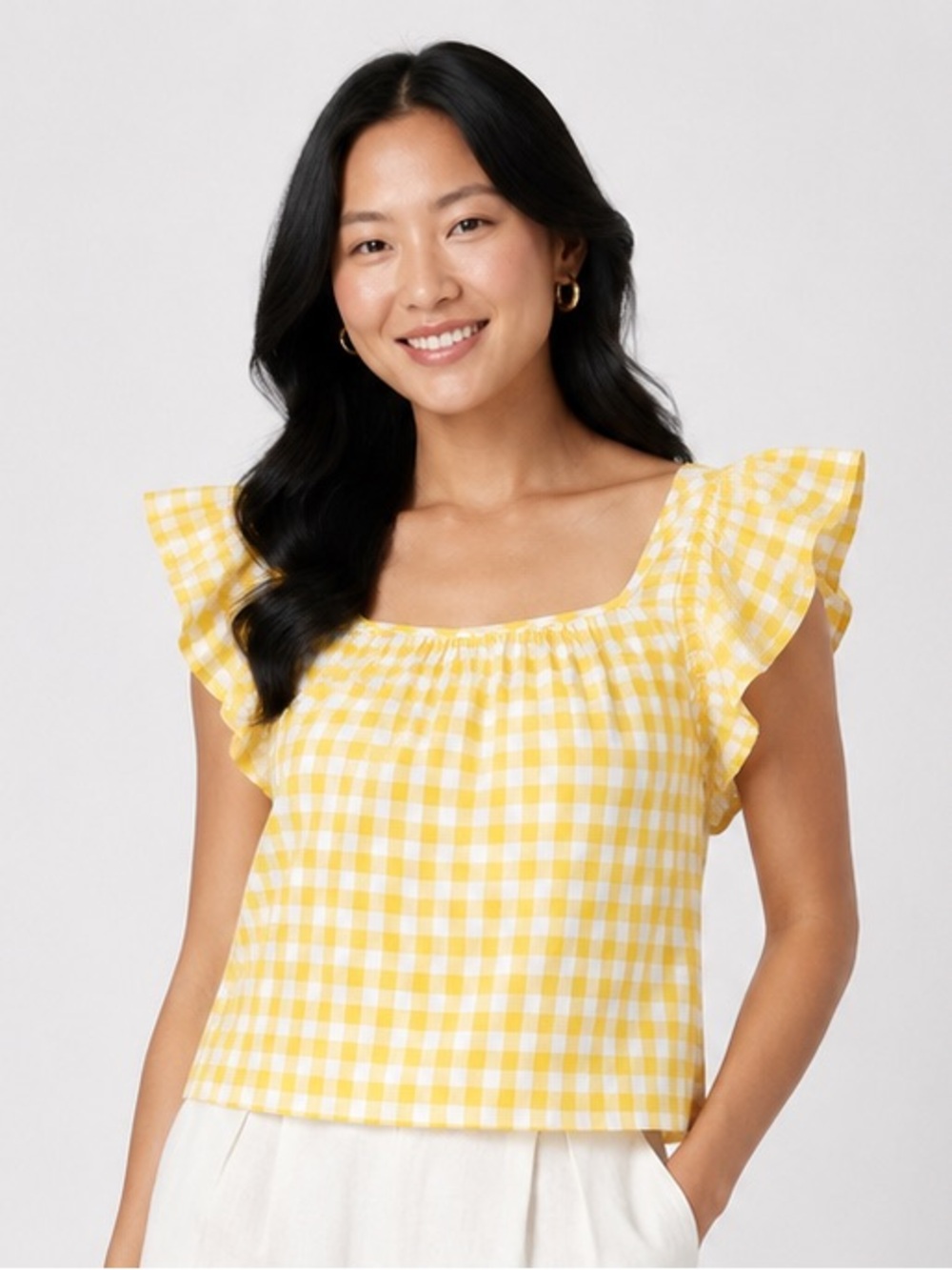 Old Navy Gingham Linen Blend Peasant Top Flutter Sleeve Tie Back Size S